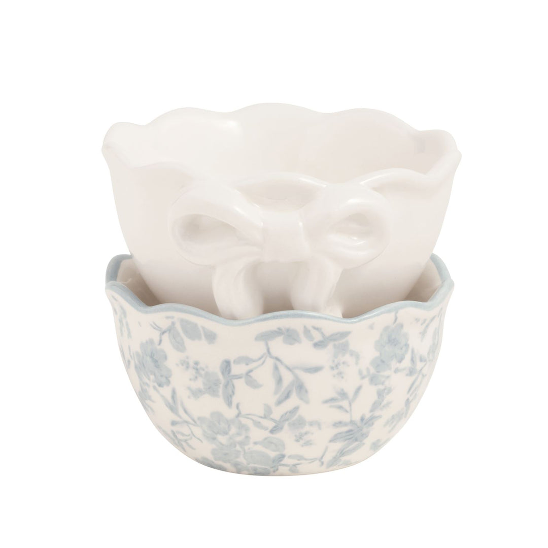 Bow Ramekin Set: white ceramic, decorative bow. Available in 6 oz and 12 oz sizes.
