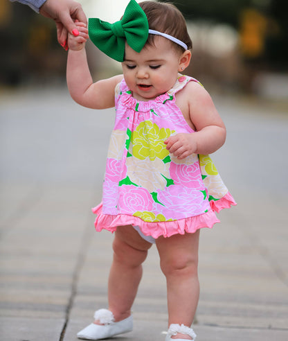 Pink floral spring ruffle swing tank top for baby girls, available in toddler sizes.