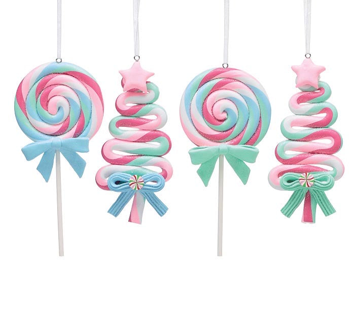 Candy Trees and Suckers Ornaments including two handcrafted lollipop ornaments with blue or green bows and two ribbon-swirled Christmas tree ornaments with star toppers.