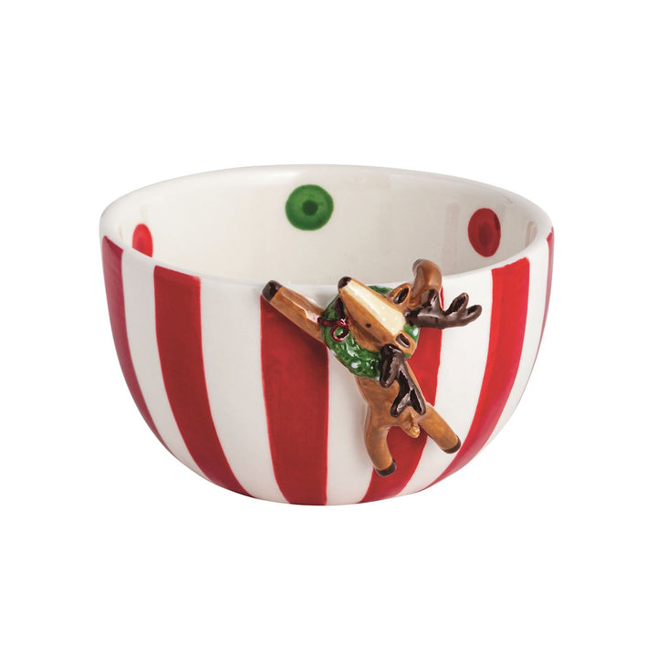Hand-painted stoneware hanging candy tidbit bowl with red and white stripes and a sculpted reindeer wearing a wreath.