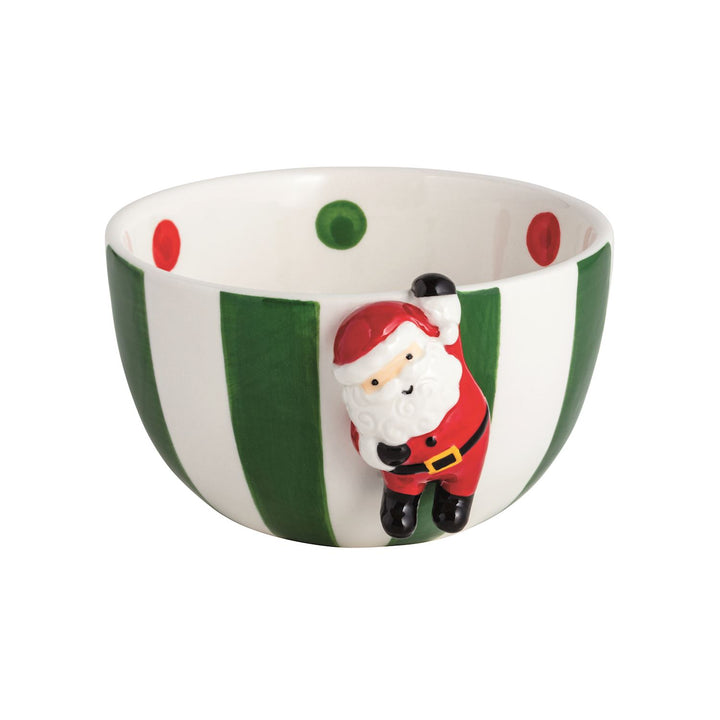 Hand-painted stoneware Hanging Candy Tidbit Bowl with green vertical stripes, red and green polka dots inside, and a 3D Santa Claus figure on the rim.
