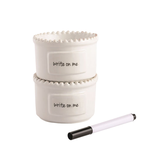 Set of two white ceramic ramekins with beaded edges, "write on me" label, blank space, marker included; each 4 oz.