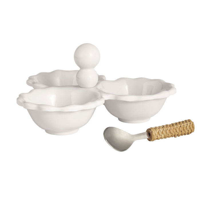 Ruffle Melamine Triple Tidbit Set: three white scalloped-edge shatterproof bowls with central handle. Sizes: small, medium, large.