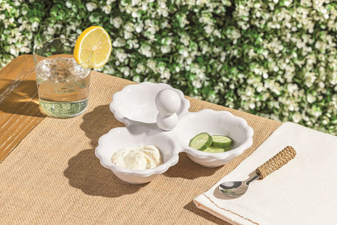 Ruffle Melamine Triple Tidbit Set with dip and cucumber slices; available in small, medium, and large sizes.
