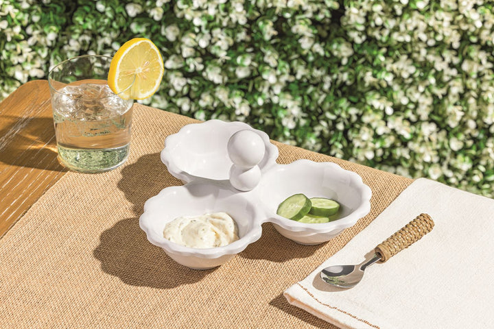 Ruffle Melamine Triple Tidbit Set with dip and cucumber slices; available in small, medium, and large sizes.