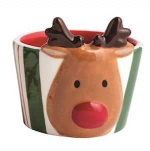 Hand-painted ceramic Christmas Tidbit Dishes, available in 4 styles, feature a reindeer face, red nose, and striped sides. Sizes available.