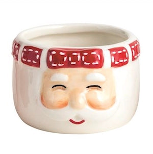 Hand-painted ceramic Christmas Tidbit Dish shaped like a smiling Santa face with red and white hat and rosy cheeks, available in 4 styles. Sizes: small (6″), medium (8″), large (10″), extra-large (12″).