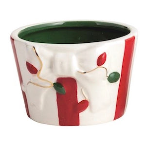 Small hand-painted ceramic cup with red and white stripes, green interior, and raised holiday lights. Available in 4 styles.