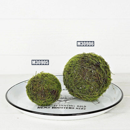 Set of two moss-covered decorative balls, including the larger M30906 - 6in Mossy Twig Ball. Available in multiple sizes. Natural twig construction for versatile, year-round home decor accents.