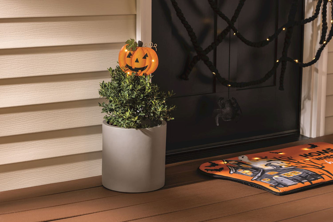 Halloween Light-Up Plant Stakes with jack-o’-lantern design for potted plants; available in small, medium, and large sizes.