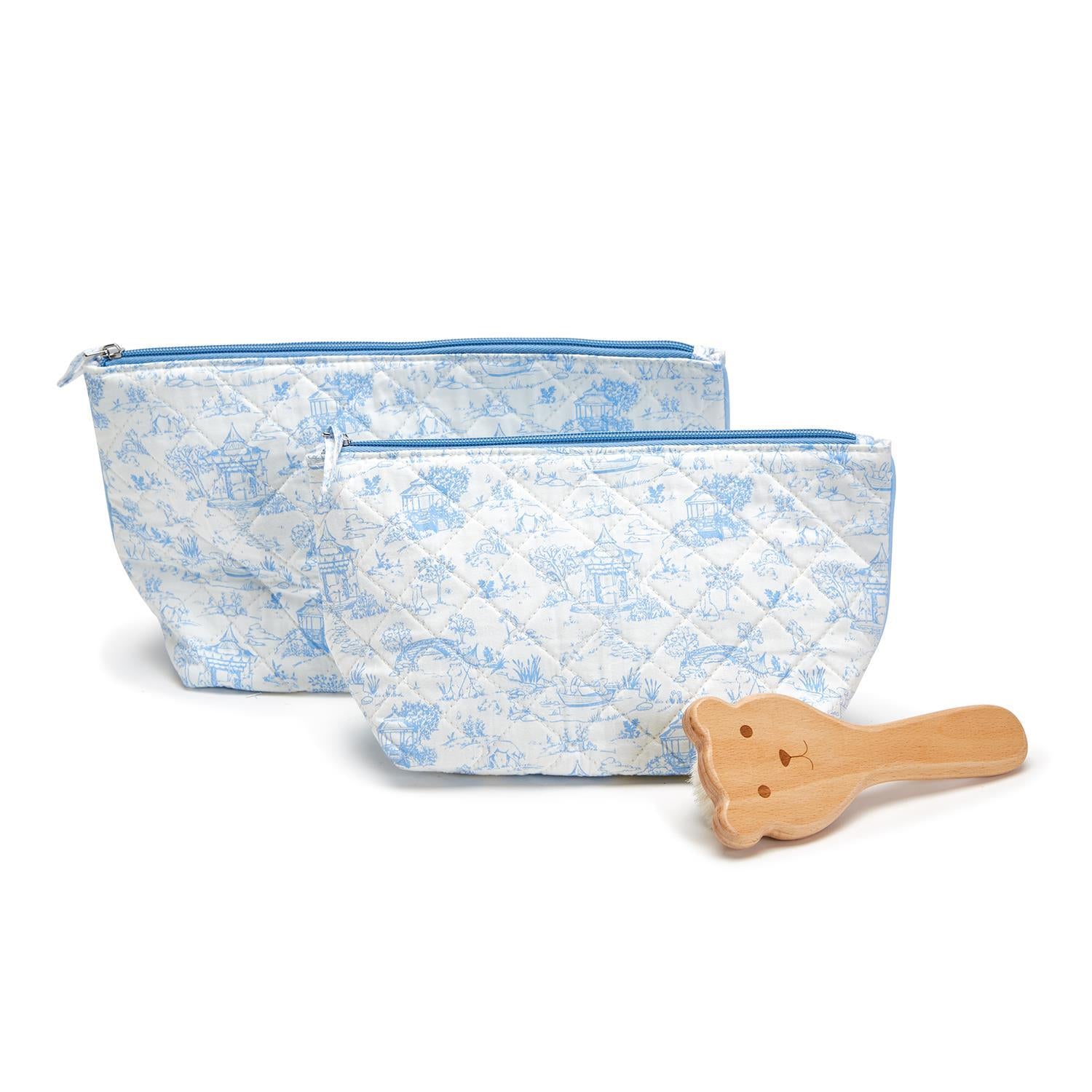 Set of 2 blue and white quilted Animal Toile Multipurpose Pouches with animal pattern. Sizes: small, large.