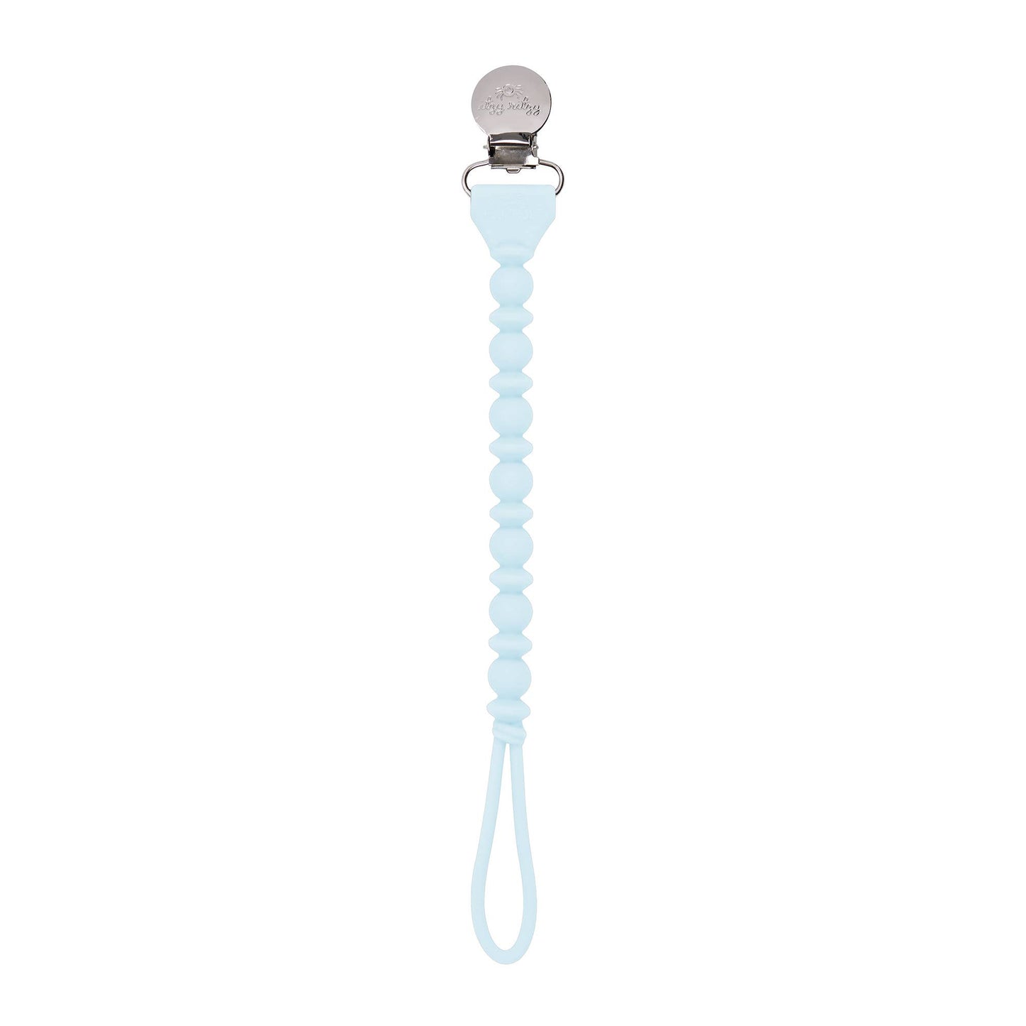 A blue Sweetie Strap™ Silicone One-Piece Pacifier Clips: Hero Blue Beaded with a metal clasp on a white background.