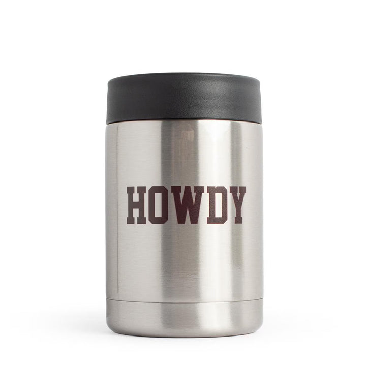 The Howdy 12oz Koozie is a stainless steel insulated can cooler with a black lid and “HOWDY” in bold, dark letters on the front. Available in 12oz size.