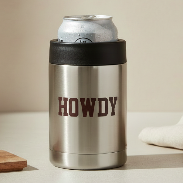 Stainless steel Howdy 12oz Koozie with “HOWDY” text, sized for 12oz cans.