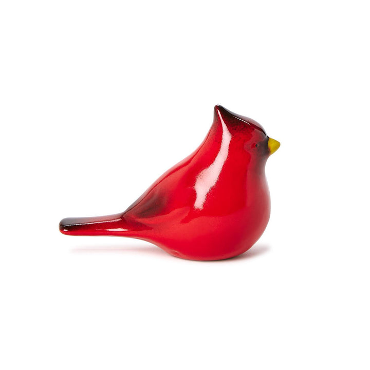 Hand-painted red ceramic cardinal sculpture with a yellow beak.