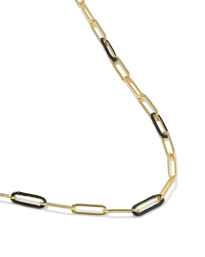 Courtney Enamel Link Necklace by Kendra Scott: gold chain with elongated links and black enamel accents, alternating polished gold and black-enamel links. Available in 17" and 19" lengths.