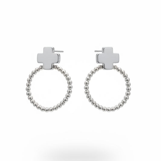 Wade Cross Beaded Hoop Post Earrings by Meghan Browne Style: silver cross stud, dangling hoop with small round beads; available sizes: one size.
