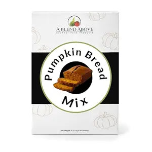 White box of Pumpkin Bread Mix with image of sliced pumpkin bread and pumpkin illustrations; available in 19 oz size.