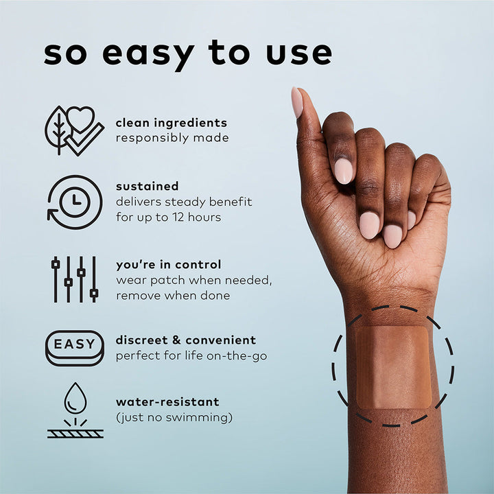 B12 Awake Patch with icons for clean ingredients, lasting effect, control, discreet use, water resistance. Available in multiple sizes.