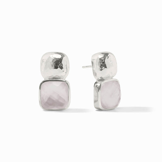 Catalina Earrings with hammered pure silver plate square tops and faceted iridescent clear crystal gemstones. Sizes available.