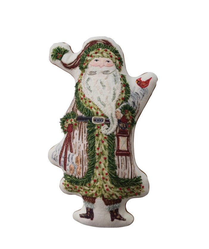 Santa Embroidered Pillow with Santa Claus, red cardinal, and lantern.