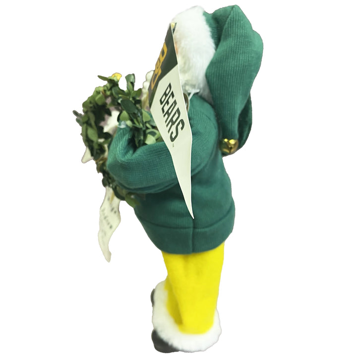 12″ Baylor Proud Santa figurine in a green hooded sweatshirt and yellow pants, holding a greenery wreath and a “BEARS” pennant.