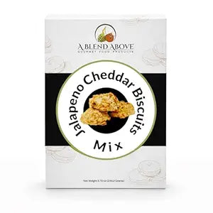 Box of Jalapeño Cheddar Biscuit Mix, available in 16 oz and 24 oz sizes, with spicy biscuits pictured on the front.
