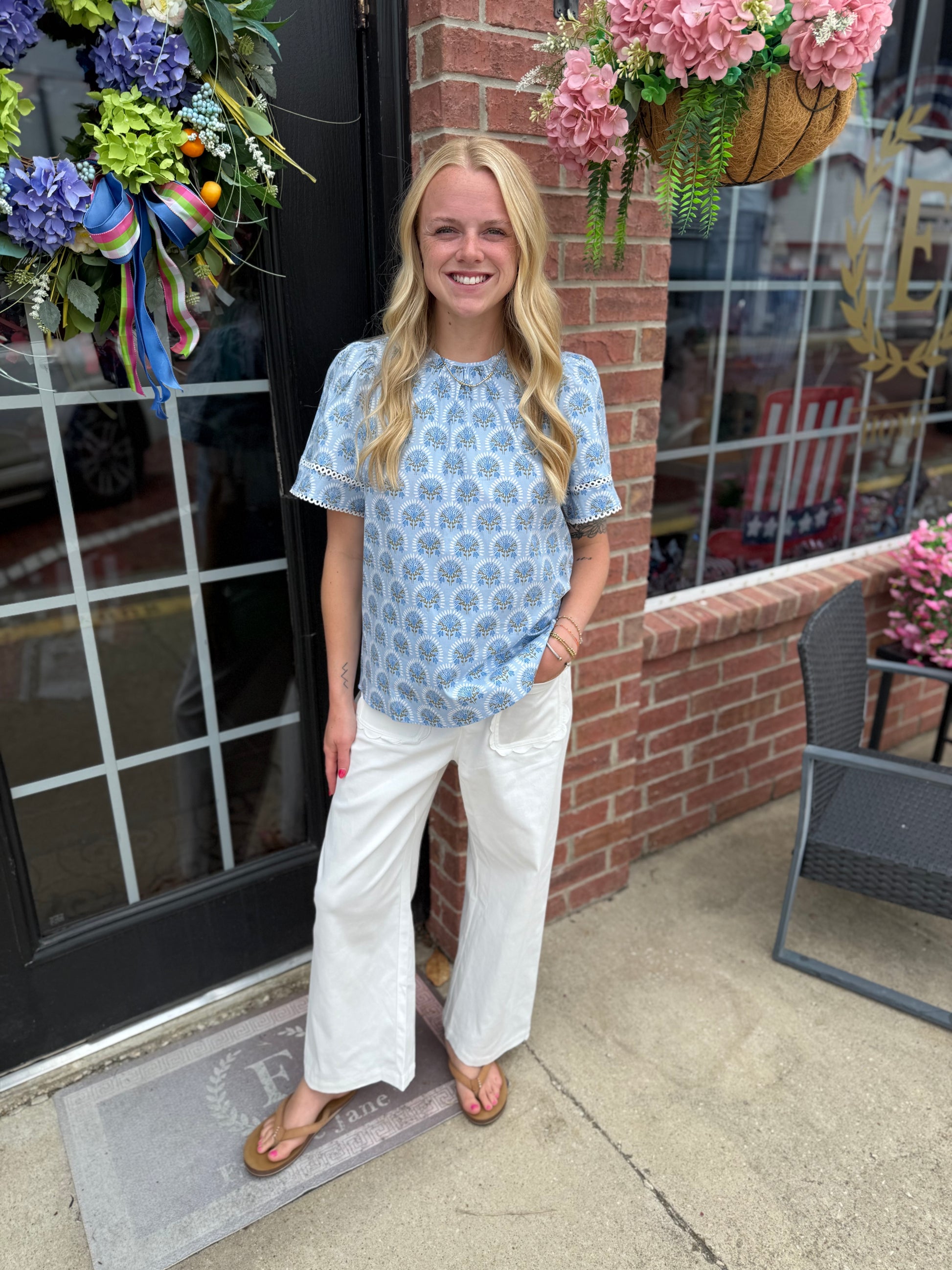 Scalloped Pocket Off White Pants, available in sizes XS-XL. Features scalloped pockets and tailored fit.