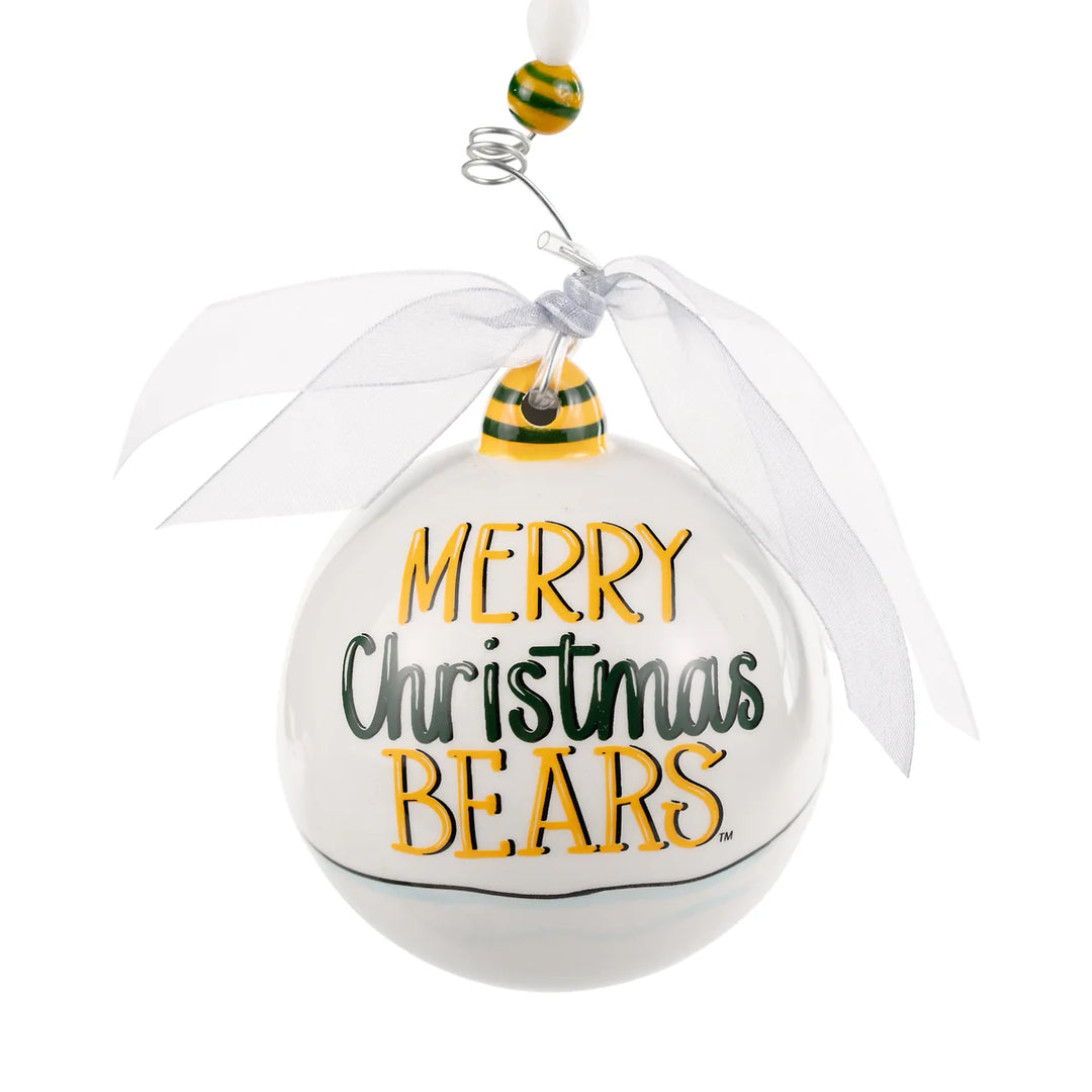 The Merry Christmas Baylor Santa Ornament features "Merry Christmas Bears" on a white background, with green and yellow stripes, a white ribbon, and curly wire. Sizes available: One size.