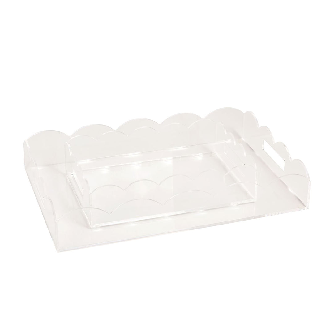 Lucite Scalloped Tray in 2 sizes, with scalloped edges and side handles. Acrylic, decorative serving tray.