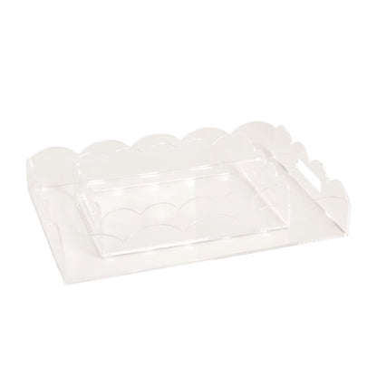 Lucite Scalloped Tray in 2 sizes, with scalloped edges and side handles. Acrylic, decorative serving tray.