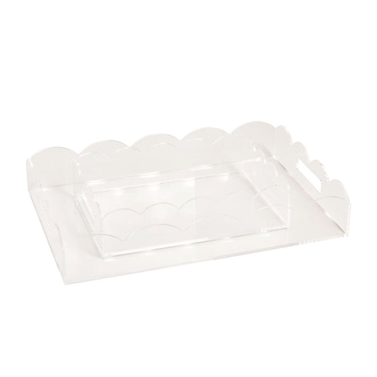 Lucite Scalloped Tray in 2 sizes, with scalloped edges and side handles. Acrylic, decorative serving tray.