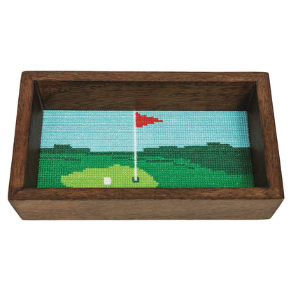 Mango wood valet tray with embroidered golf course needlepoint; includes green, hole, flag, ball. Sizes available.