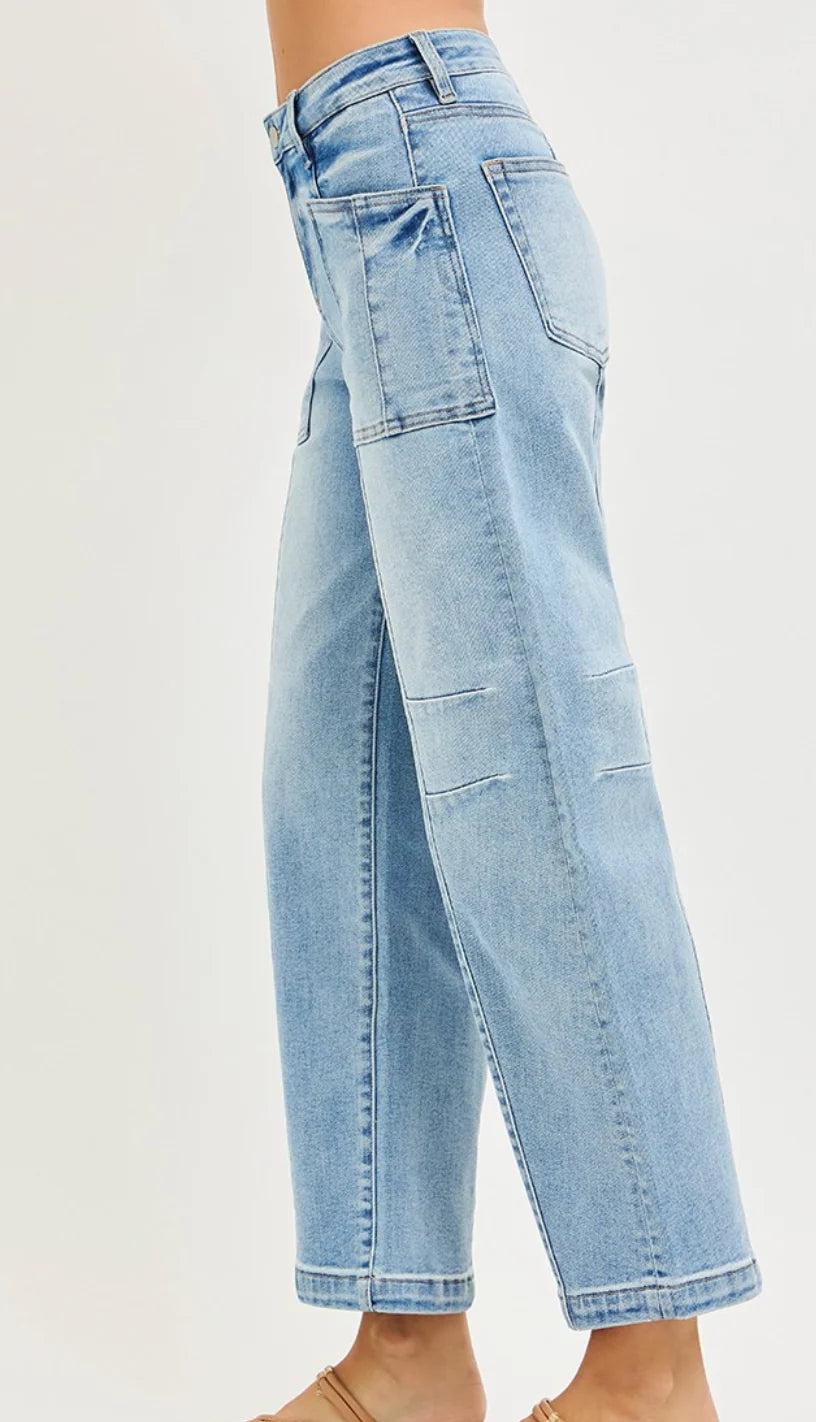 Risen Barrel Ankle Boyfriend Jeans in light-wash, relaxed straight-leg fit, high-rise, patch pockets, and reinforced knee panels.