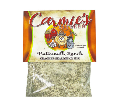 Cracker Seasoning Mix, 2.15 oz (61 g) packet with colorful label and buttermilk ranch seasoning visible in clear pouch.