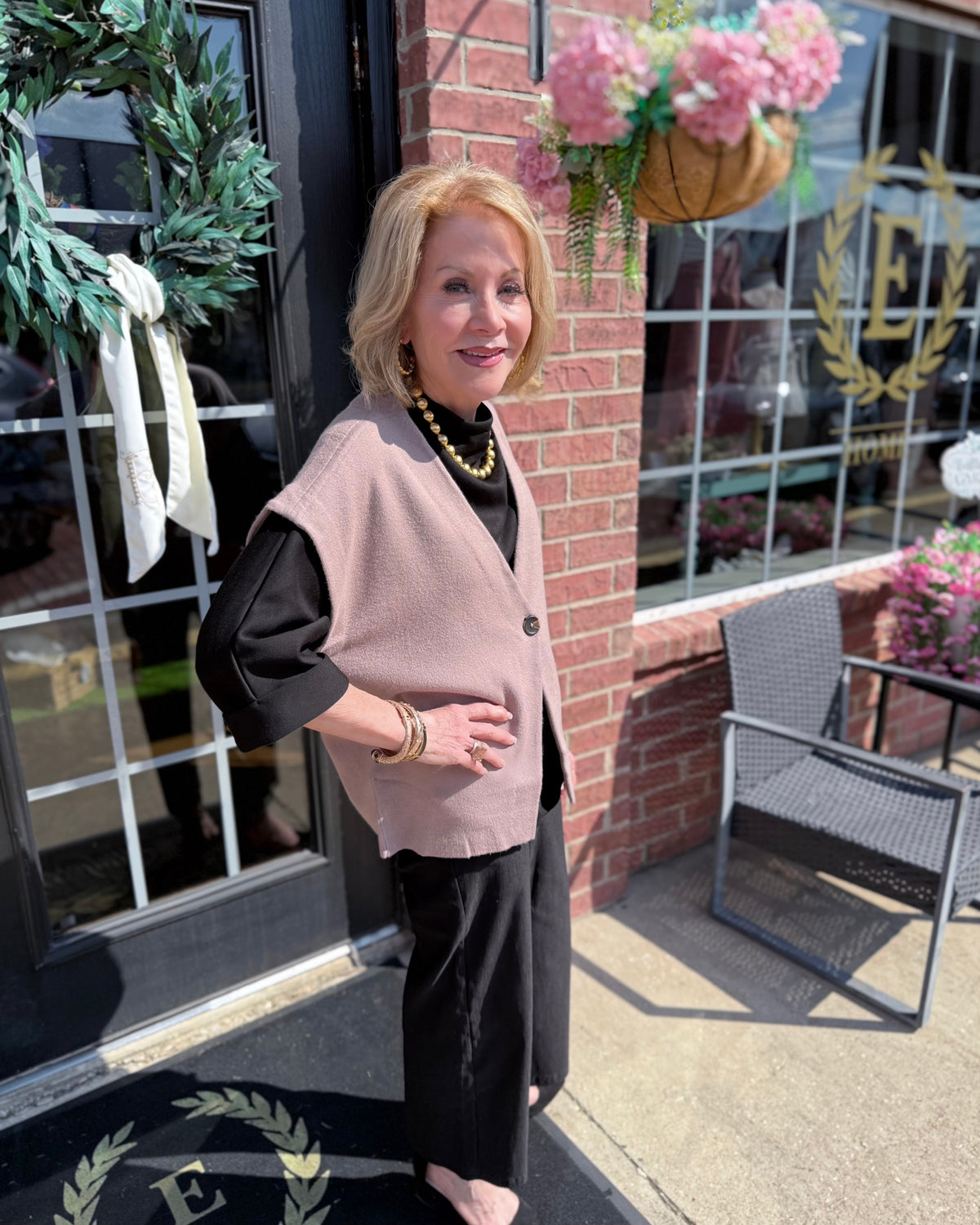 Marlowe Cardigan in taupe; available in sizes XS-XL.