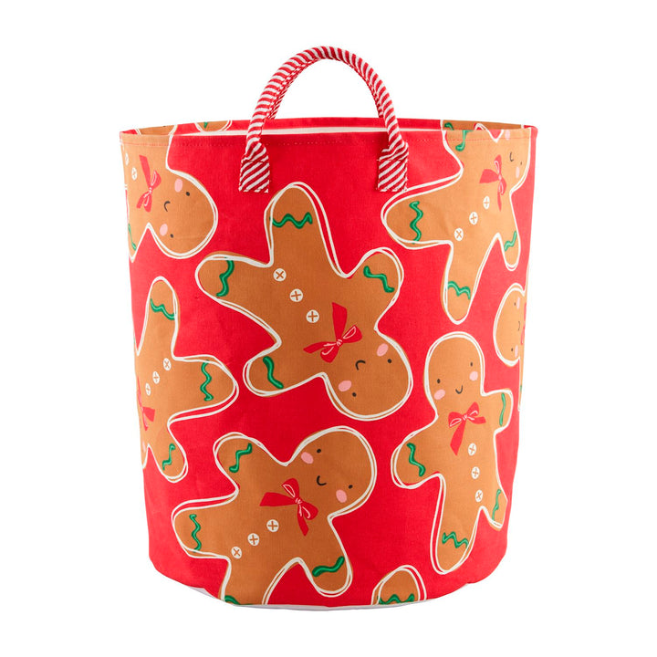 Red cylindrical gingerbread-patterned oversized totes with striped rope handles.