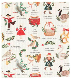 Twelve Days of Christmas dishcloths with repeating illustrations and text.