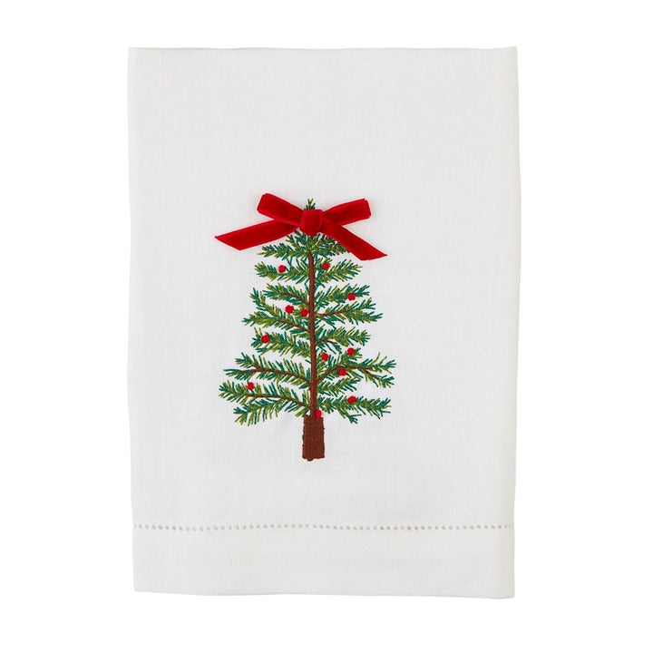Christmas Embroidered Bow white faux linen hand towel with an embroidered Christmas tree and red tartan bow.