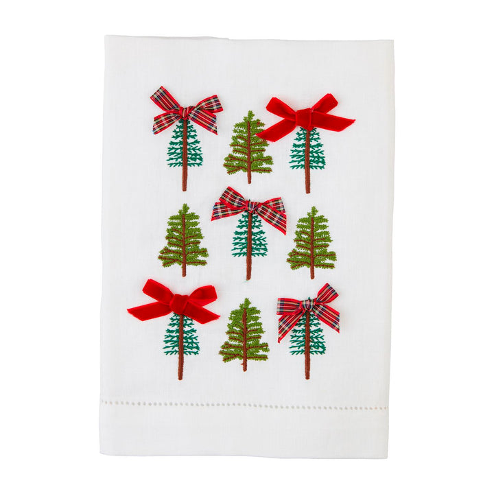 Christmas Embroidered Bow faux linen hand towels, decorated with tree patterns, tartan bows, and red velvet ribbons.
