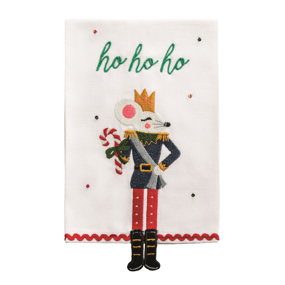 “Ho ho ho” embroidered white decorative hand towel featuring a nutcracker-dressed mouse holding a candy cane with dangling fabric legs.