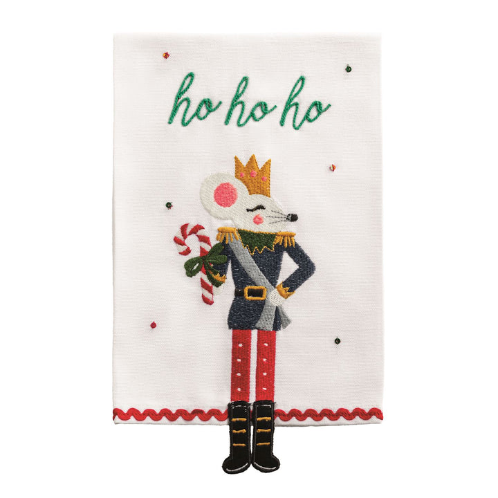 “Ho ho ho” embroidered white decorative hand towel featuring a nutcracker-dressed mouse holding a candy cane with dangling fabric legs.