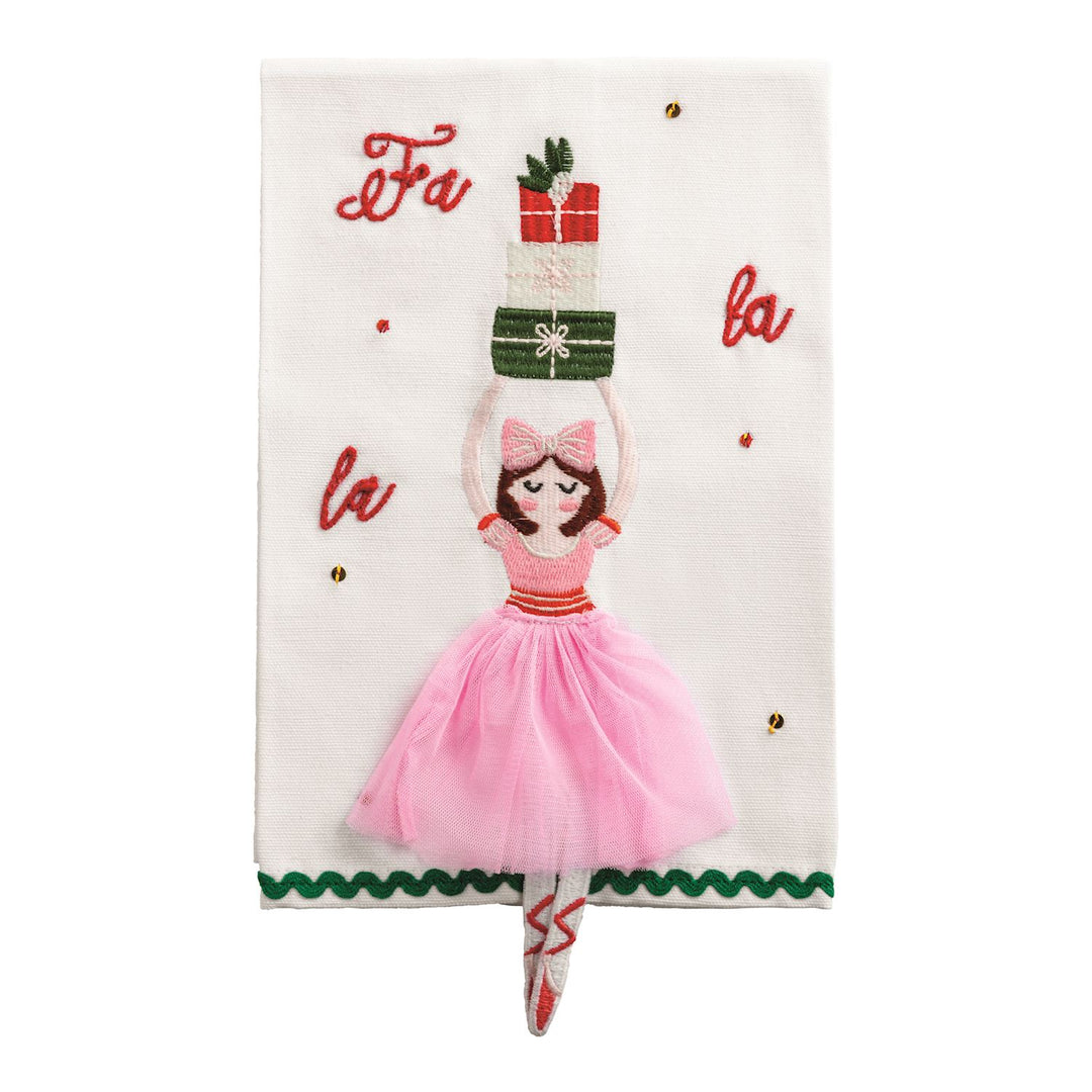 Dangle Embroidery Christmas hand towel with a ballerina in a pink tutu, “Fa la la” stitching, and green trim.
