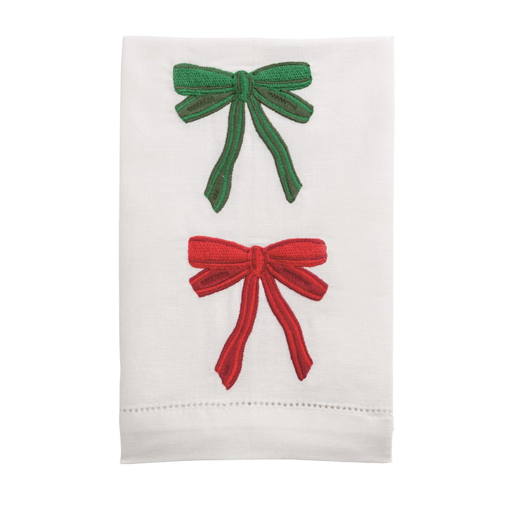 Bow Embroidered Towels: white cotton hand towel with embroidered green and red bows.