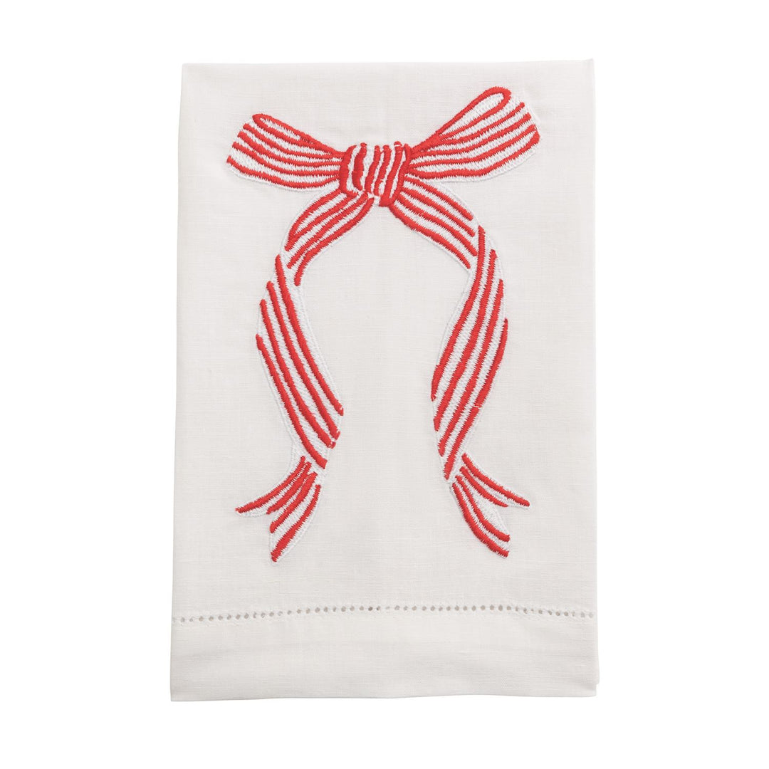 Bow Embroidered Towels, white cotton hand towel with a red and white striped bow.