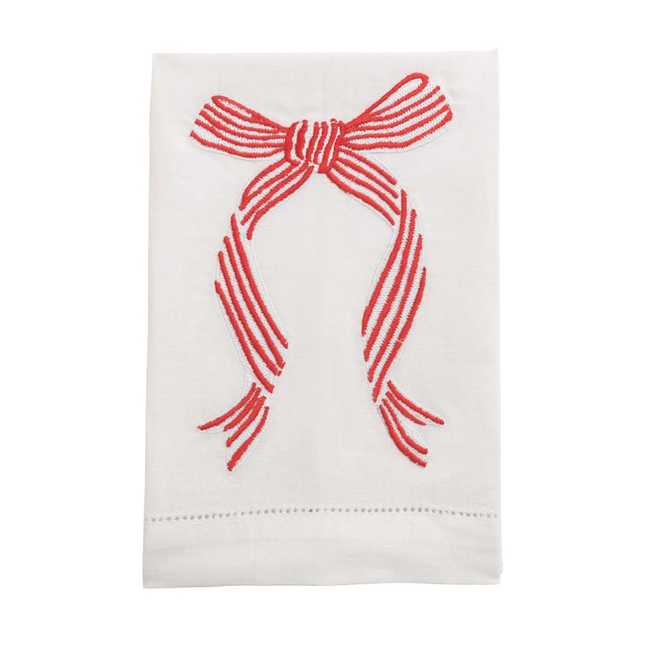 Bow Embroidered Towels, white cotton hand towel with a red and white striped bow.