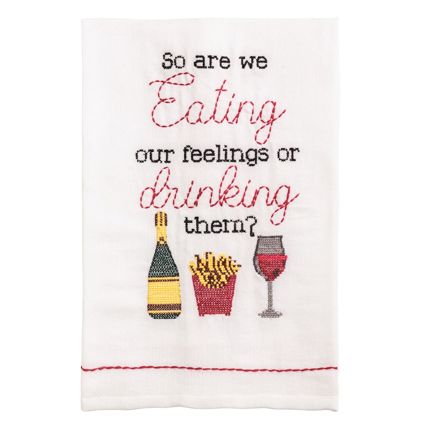 Bar Cross Stitch Towel with black/red embroidery, wine/fries icons, text; sizes available: one size.