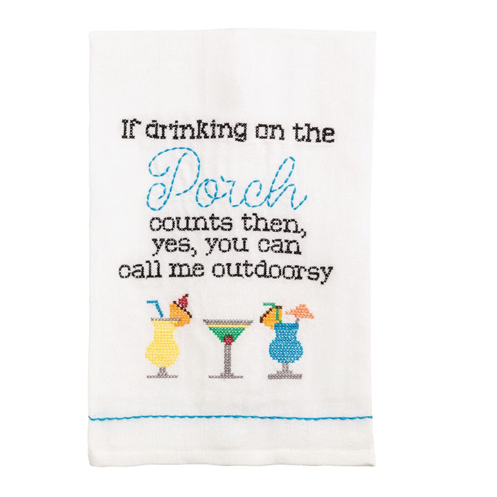 White flour sack towel with embroidered text and three colorful cocktail glasses. Available in standard kitchen towel size.