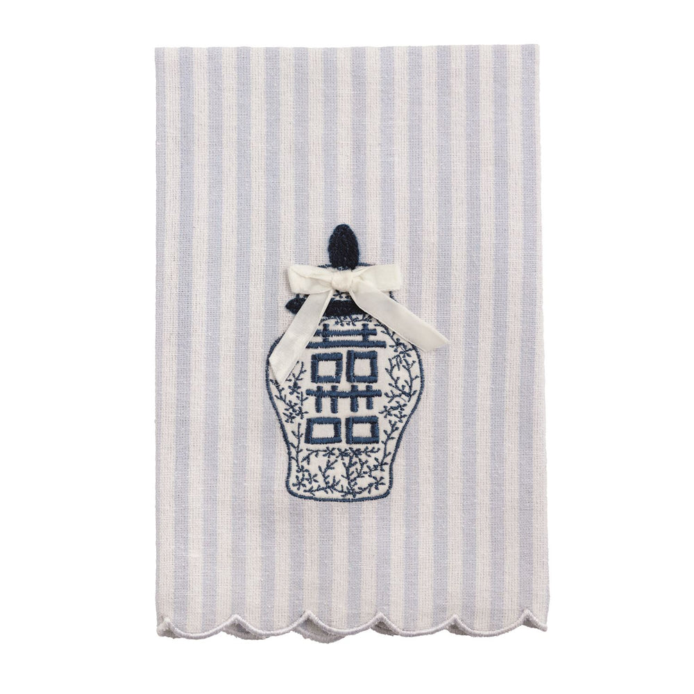 Tea towel with white and light blue stripes, scalloped edges, blue topiary embroidery, cream bow. Available in one size.