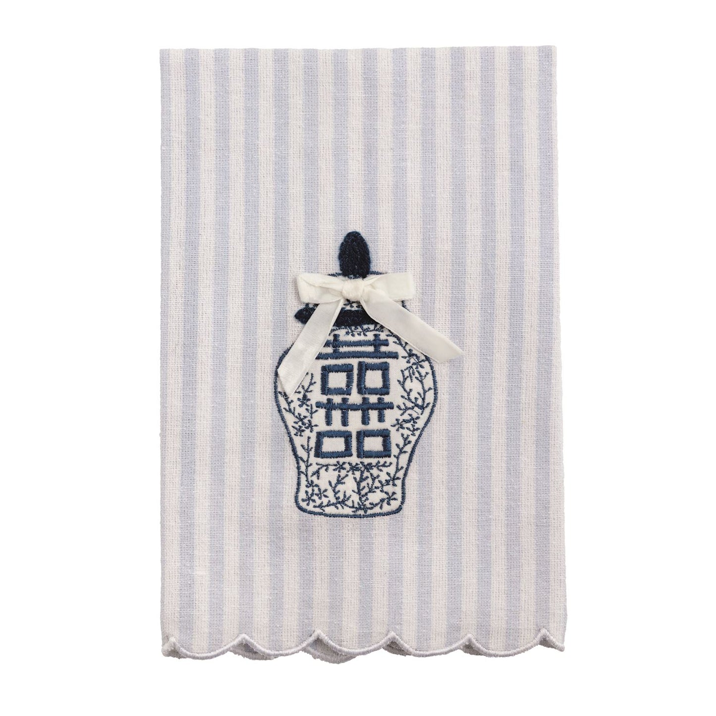 Tea towel with white and light blue stripes, scalloped edges, blue topiary embroidery, cream bow. Available in one size.